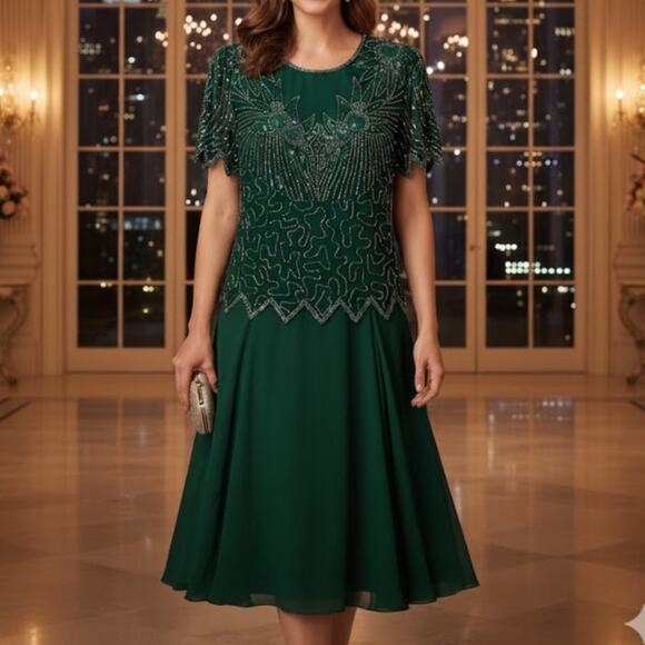 Vintage Laurence Kazar NY Beaded Gown 100% Silk Dress Drop Waist Green M 1920s - Picture 1 of 11